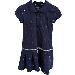 Nautica Girls Sz 12 Polo Collar Dress Navy Drop-Waist Sailboat S/S Preppy School